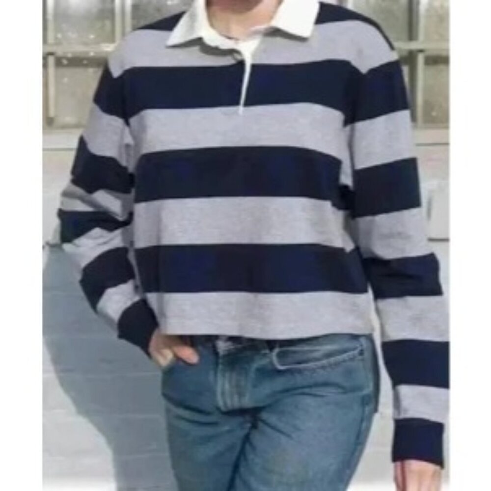 Brandy Melville Striped Rugby Long-Sleeve Polo Shirt Navy/ Gray - Size O/S - Picture 5 of 5